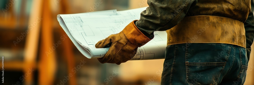 Poster hand in safety glove holds blueprint on construction site with space for text, showcasing important 