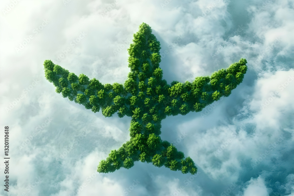 Poster aerial view of lush green forest shaped like an airplane soaring through clouds: a 3d rendered abstr