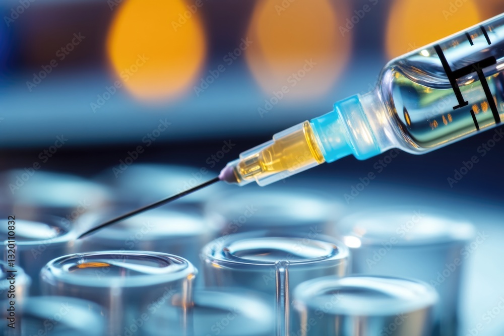Poster a detailed close-up of a syringe containing a thick gel, positioned above a scaffold where bioengine