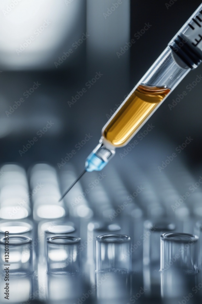Poster a detailed close-up of a syringe containing a thick gel, positioned above a scaffold where bioengine