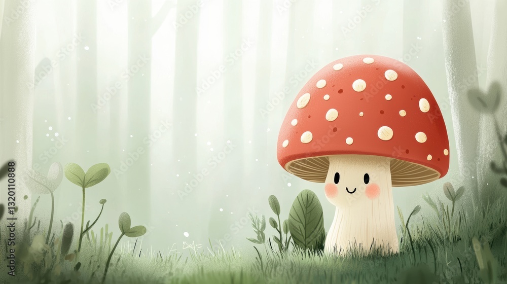 Aufkleber joyful tiny mushroom with small red cap surrounded by lush greenery in a serene forest setting