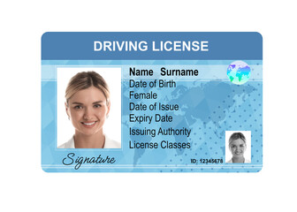 Driver's license with photo of woman and world map illustration isolated on white