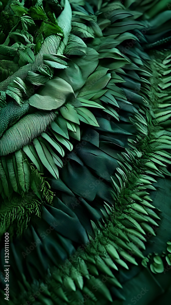 Poster abstract 3d render of lush green feather texture, creating a dramatic and deeply textured background