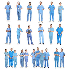 Nurses in uniforms on white background, set. Medical worker