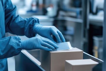 A detailed close-up of gloved hands skillfully placing a sealing strip on a medical supply box, guaranteeing secure packaging within a spotless pharmaceutical production environment.