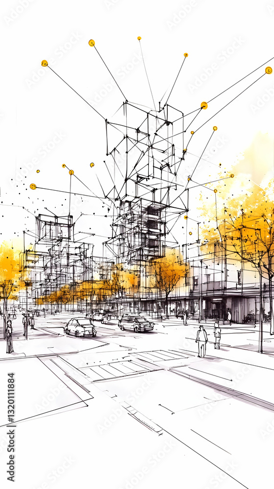 Aufkleber abstract architectural sketch of urban scene with connected structures and autumnal trees