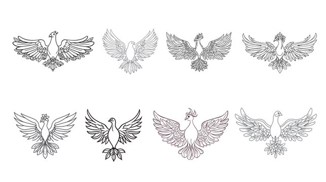 Centered phoenix with its wings wide open, vector graphic design. Majestic and symmetrical illustration featuring a legendary firebird with detailed feathers, symbolizing rebirth, strength, 