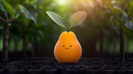 Smiling pear with leaves in a vibrant orchard, surrounded by lush greenery and soft sunlight