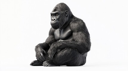 An intricate black-and-white 3D render captures a contemplative gorilla perched on the ground, gazing off to the right, head subtly tilted. Its posture exudes quiet strength and curiosity within its t