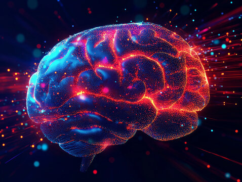 Glowing digital brain model isolated
