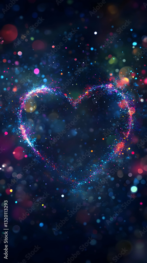 Poster abstract 3d heart formed by sparkling particles in a dark background with colorful bokeh lights, rep