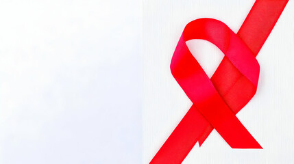 Red Awareness Ribbon Tied on White Textured Background, Symbolic of Support and Hope.