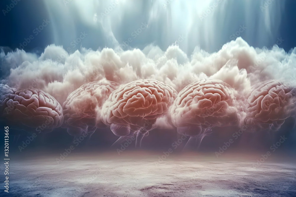 Aufkleber abstract 3d rendering: multiple brains form a cloudy sky above a desolate landscape, illustrating th