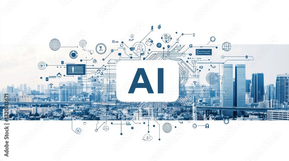 Poster modern sleek banner featuring ai concepts in a minimalist design with urban background