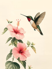 Obraz premium Hummingbird and Hibiscus: Vintage Botanical Illustration with Delicate Bird and Flower Detail. Antique Floral Art with Naturalistic Elements, Perfect for Nature Lovers
