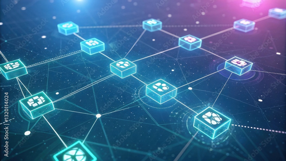 Aufkleber a digital network visualization featuring interconnected blocks, symbolizing technology, data flow, 