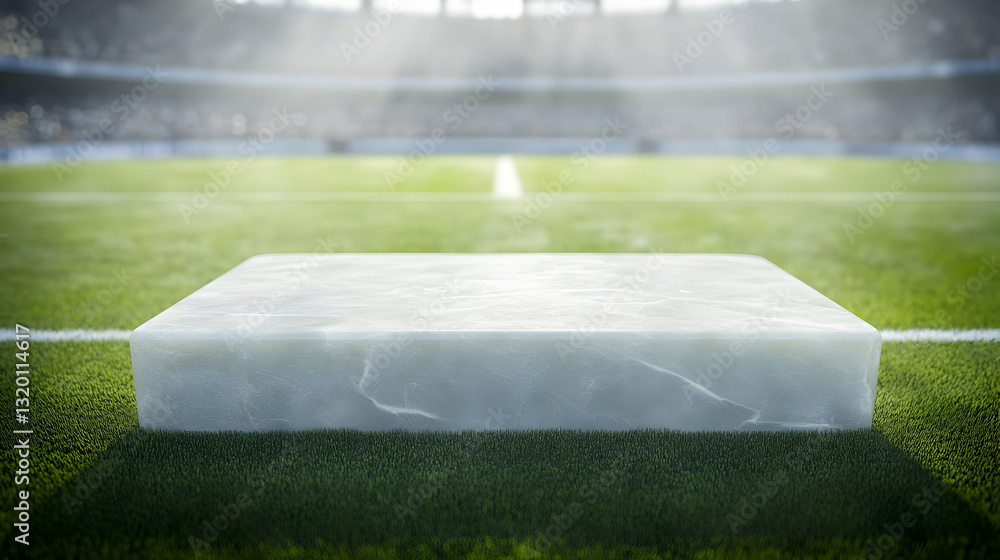 Poster 3d render of a white marble platform on a green field with a blurred stadium background