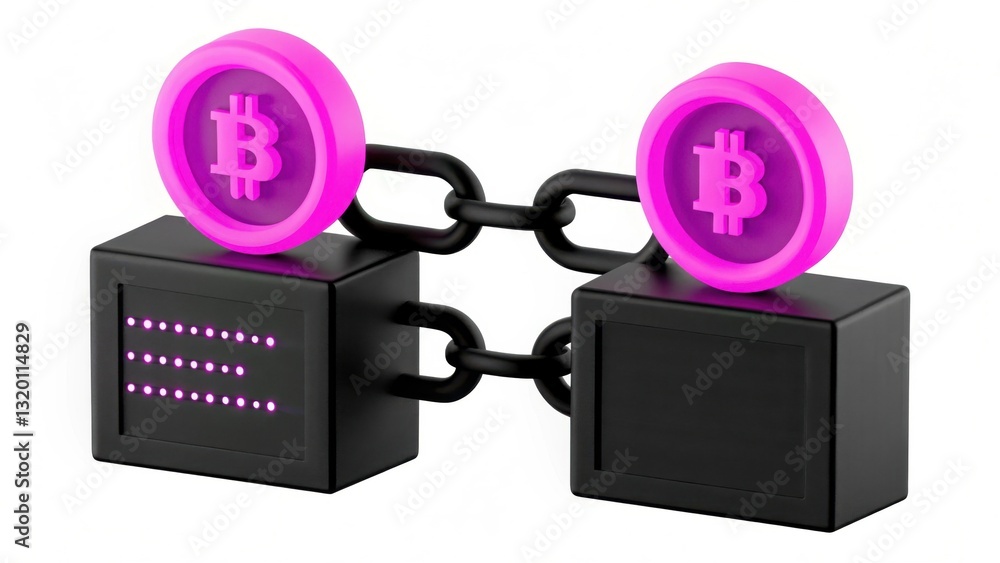 Poster a 3d representation of blockchain technology featuring pink bitcoin coins connected by a chain, symb