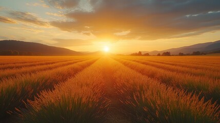 Fototapeta premium Golden Sunset Over Rows Of Lavender Field