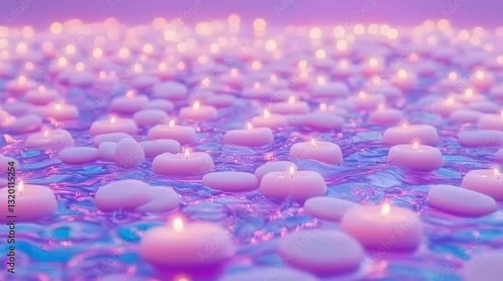 Poster 3d render of numerous pink candles floating on water with abstract purple background, creating a ser