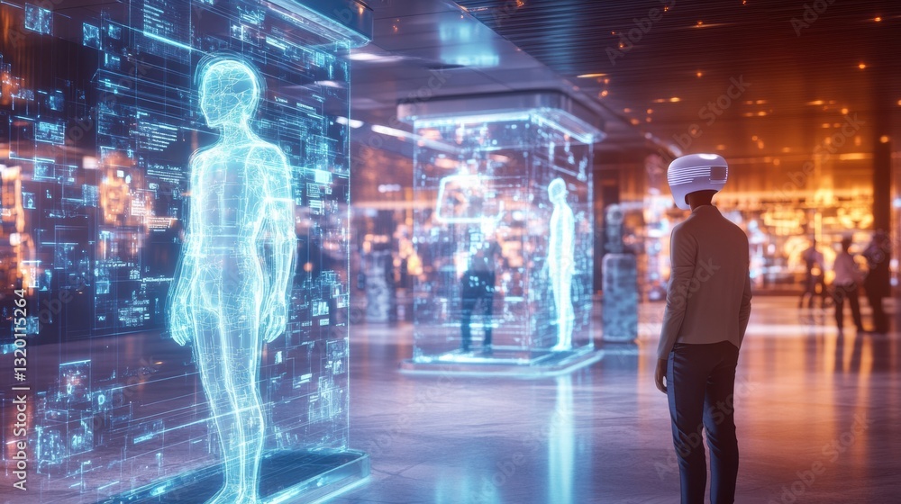 Leinwandbilder digital avatars interact in a virtual lobby with holographic displays showcasing social connections 