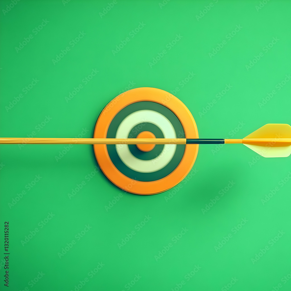Poster 3d render of an arrow striking the bullseye of a target on a green background