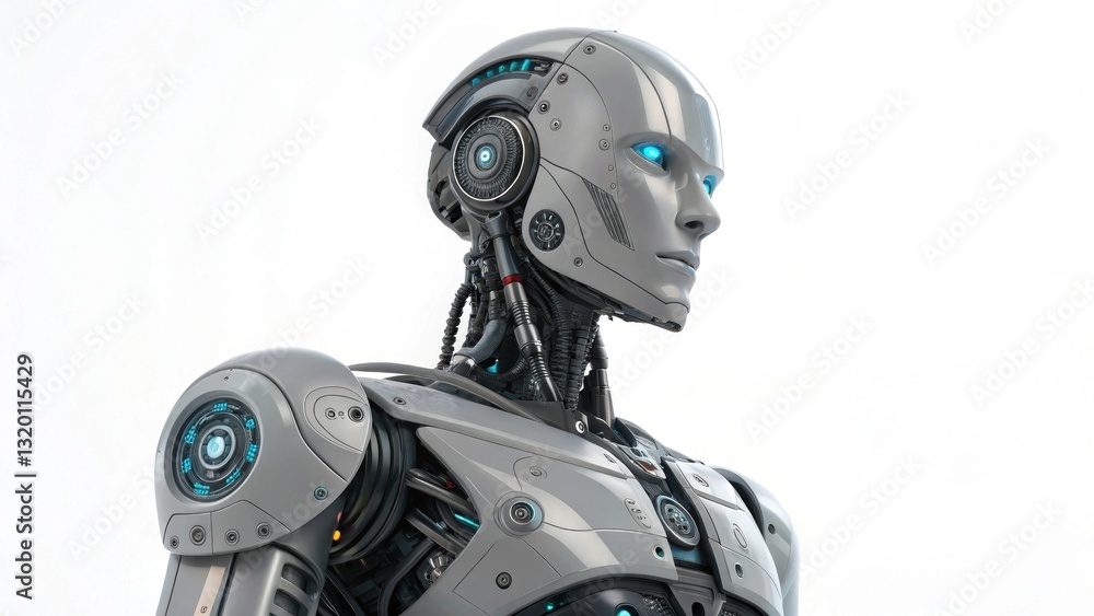 Poster a futuristic robot with a sleek design and glowing blue eyes, showcasing advanced technology and art