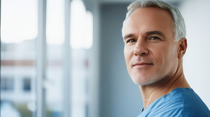 Fototapeta premium Male medical professional in scrubs, compassionate expression, 3/4 view against modern clinic wall, gentle window light with soft fill, f/2.8, heal 
