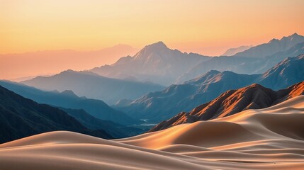 Golden Sand Dunes with Majestic Mountain Range at Sunset