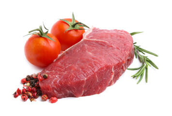 Piece of raw beef meat, rosemary, peppercorns and tomatoes isolated on white