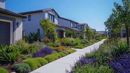 Modern Residential Neighborhood with Lush Gardens and Walkway Path