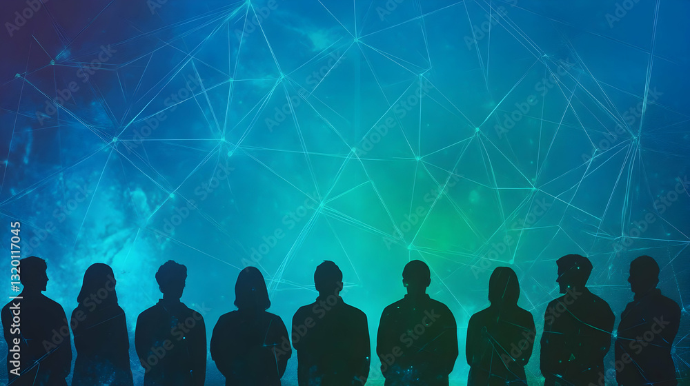 Poster silhouetted figures observe abstract network background: digital connectivity and teamwork concept i