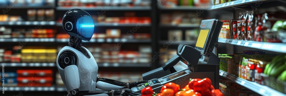 Aufkleber smart cashier uses ai technology to automate checkout in a bustling supermarket environment