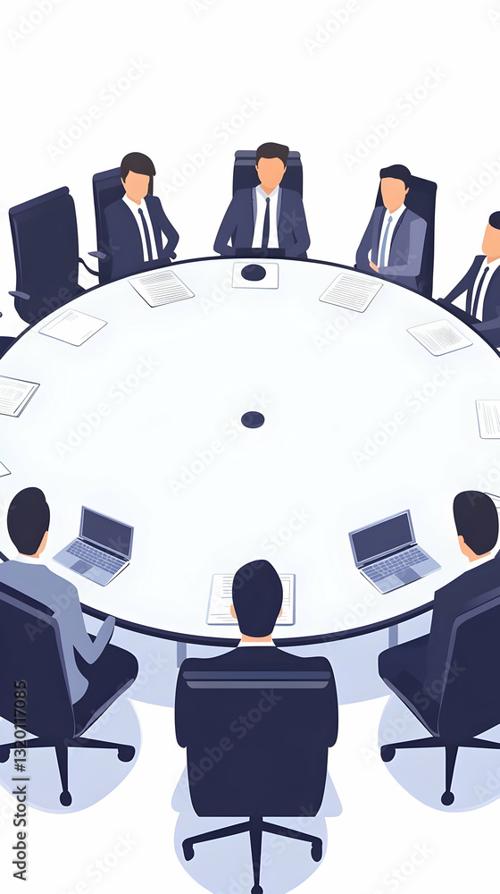 Poster businesspeople collaborate around a large circular table with laptops and documents in a flat-style 