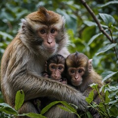 Obraz premium A mother monkey lovingly embracing her baby in the wild