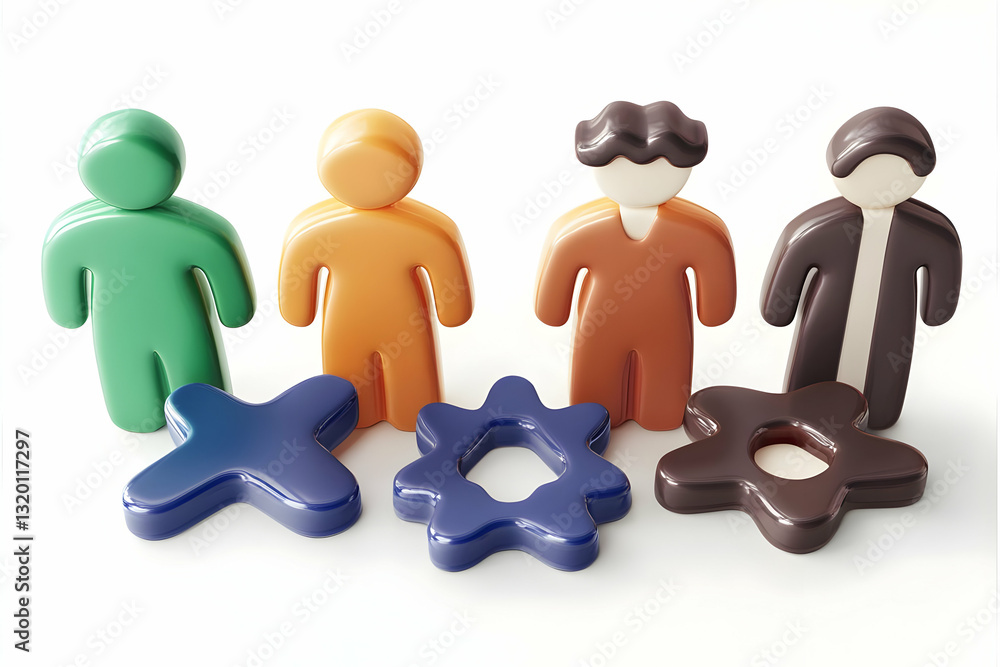 Poster 3d render of colorful abstract human figures interlocking with gears, illustrating teamwork and coll