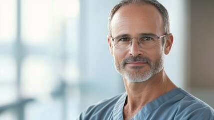 Obraz premium Male medical professional in scrubs, compassionate expression, 3/4 view against modern clinic wall, gentle window light with soft fill, f/2.8, heal 