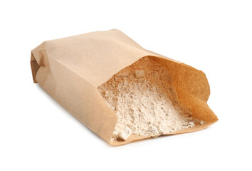 Brown rice flour in paper bag isolated on white