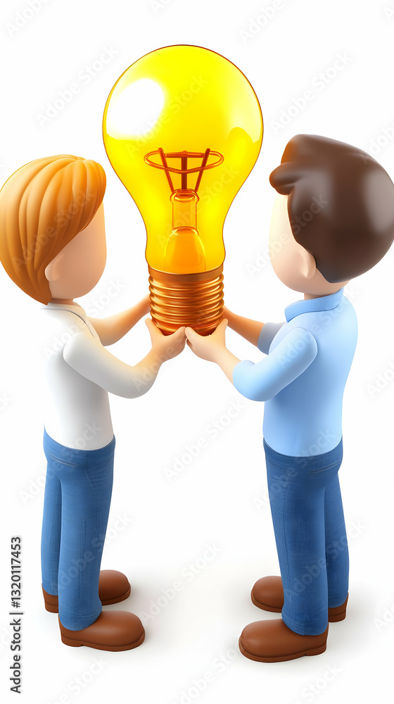 Poster 3d illustration: two cartoon figures collaboratively hold a glowing light bulb, symbolizing teamwork