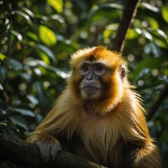 Fototapeta premium A golden-furred monkey basking in the sunlight of a lush rainforest