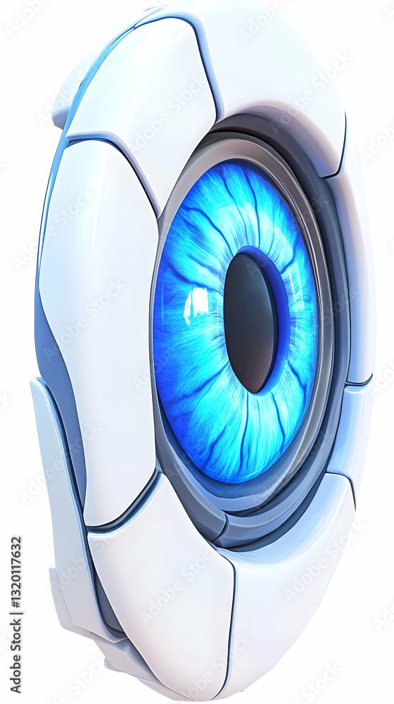 Poster 3d render of a futuristic robotic eye, glowing blue iris in a segmented white housing, digitally cre