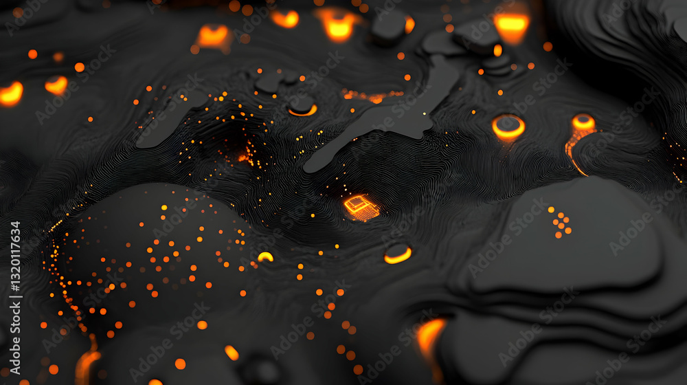 Poster abstract 3d render: dark, wavy terrain with glowing orange particles and embedded circuits