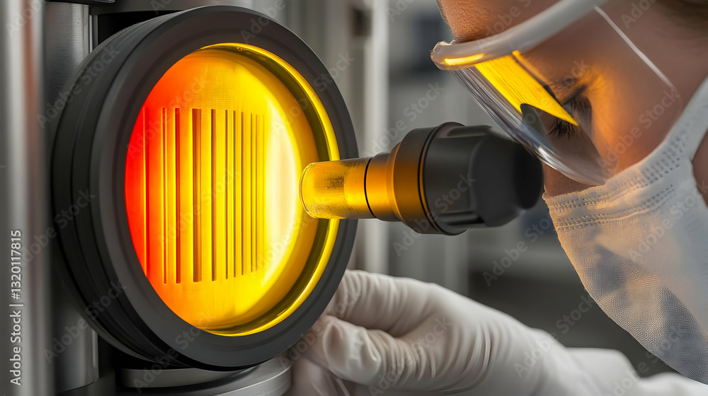 Aufkleber technician examining glowing sample through high-powered microscope in laboratory setting