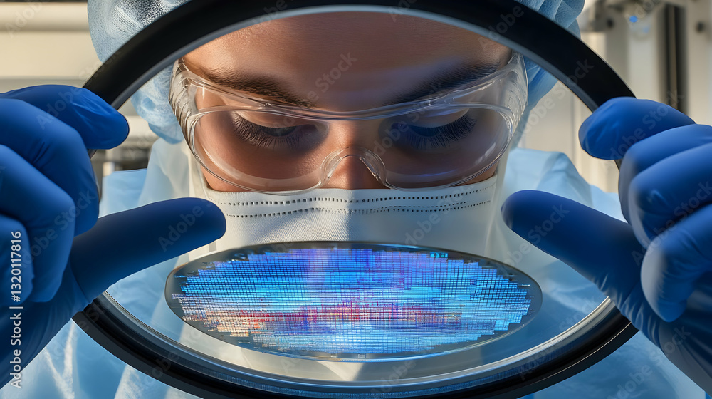 Poster close-up view: scientist carefully examining microchip through magnifying glass in a sterile lab env