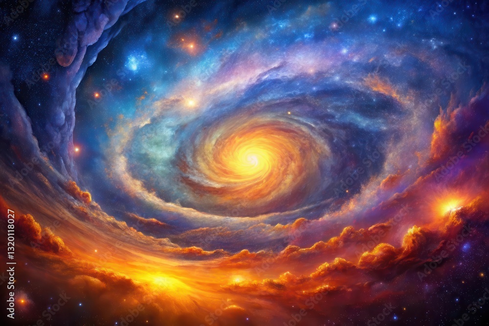 Poster cosmic swirl of celestial clouds and fiery nebulae, a vibrant explosion of color and light in the in
