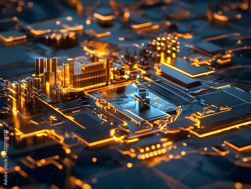 Poster abstract 3d render of a futuristic circuit board with glowing orange lines, detailed and complex str
