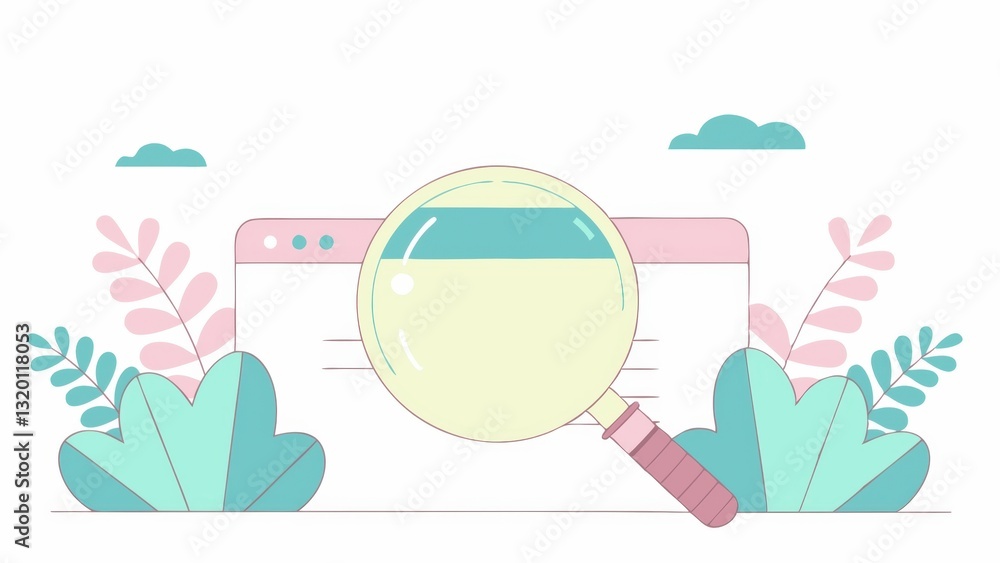 Poster a digital illustration featuring a magnifying glass over a web browser, surrounded by tropical leave