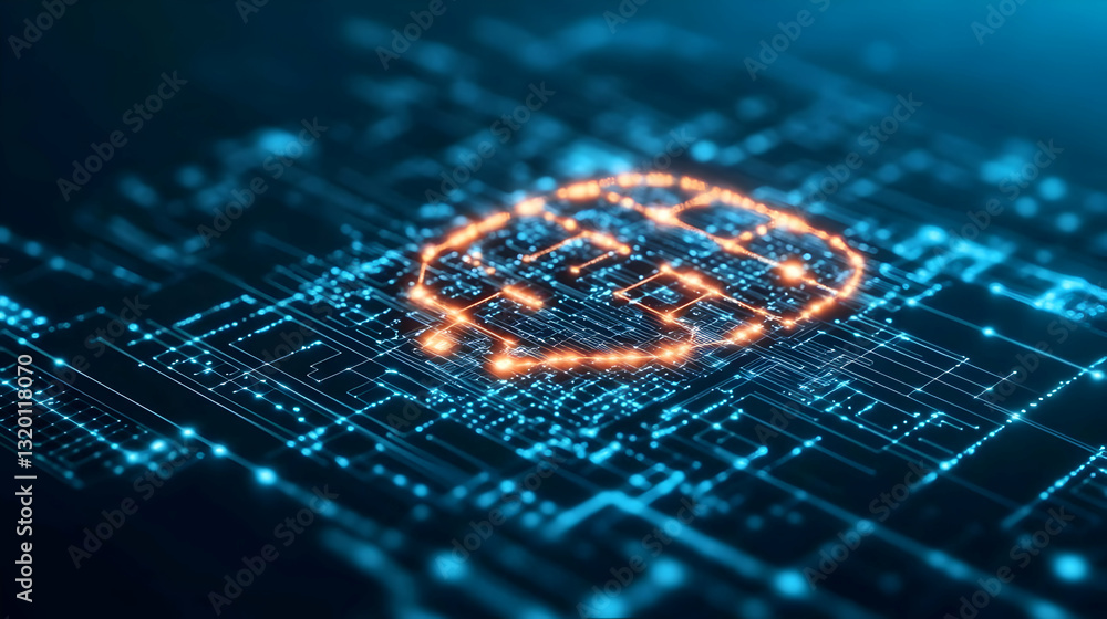 Poster abstract 3d digital brain glowing on circuit board background, representing artificial intelligence 