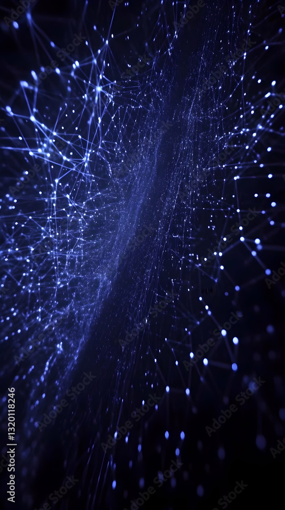 Poster abstract 3d digital network: glowing lines and nodes form a tunnel of connectivity in deep blue spac