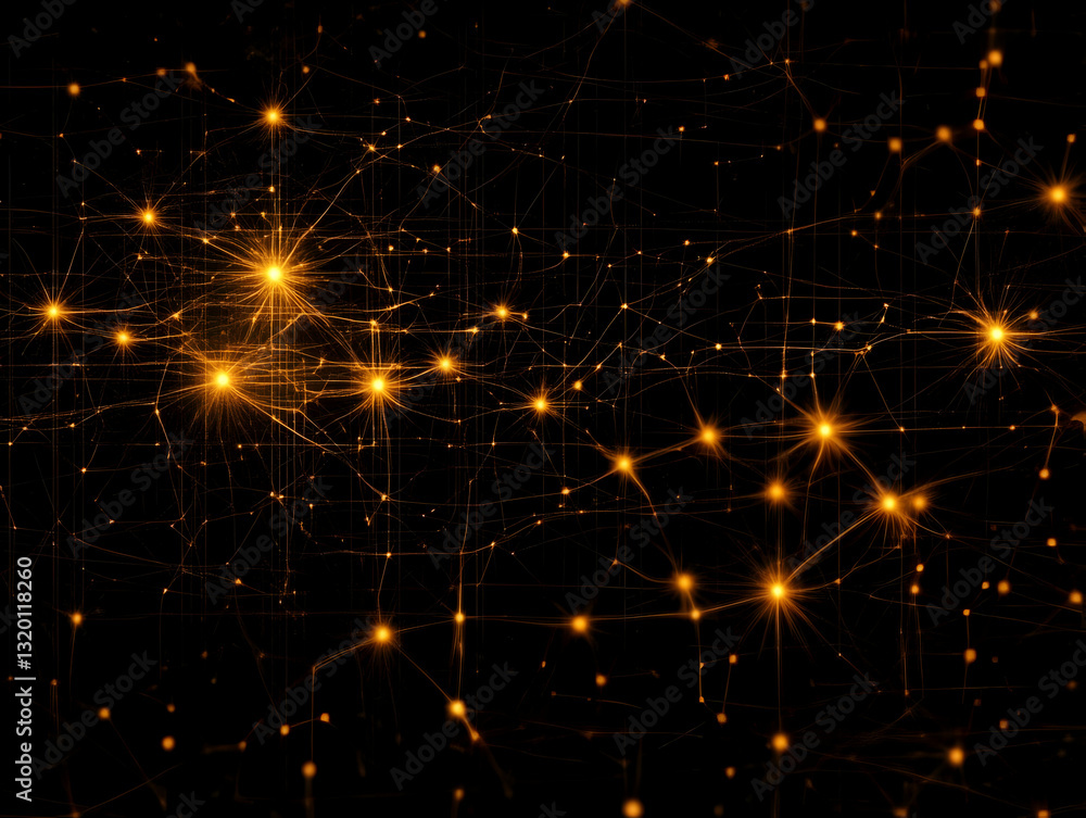 Poster abstract orange glowing network: an intricate 3d illustration of interconnected nodes and glowing li